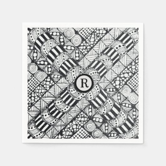 Moderne Zwarte & Witte Doodle Pinwheel & Monogram Servet (Voorkant)