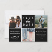 Moderne zwarte witte, eenvoudige 3 fotocollage bru save the date (Voorkant)