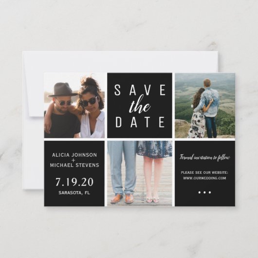 Moderne zwarte witte, eenvoudige 3 fotocollage bru save the date (Voorkant)