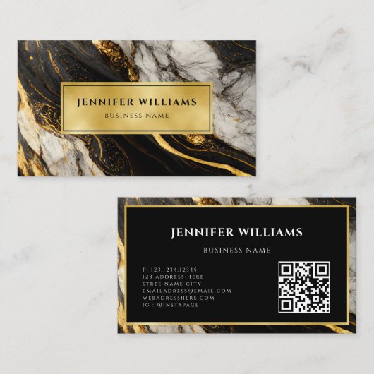 Moderne zwarte witte en goudkleurige QR-code Visitekaartje (Voorkant / Achterkant)