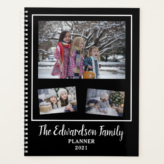 Moderne zwarte witte familiefoto collage 2021 planner (Voorkant)