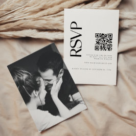 Moderne Zwarte & Witte Foto QR Code Trouwen RSVP Kaartje