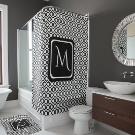 Moderne Zwarte Witte Gekoppelde Ringen Monogram Douchegordijn