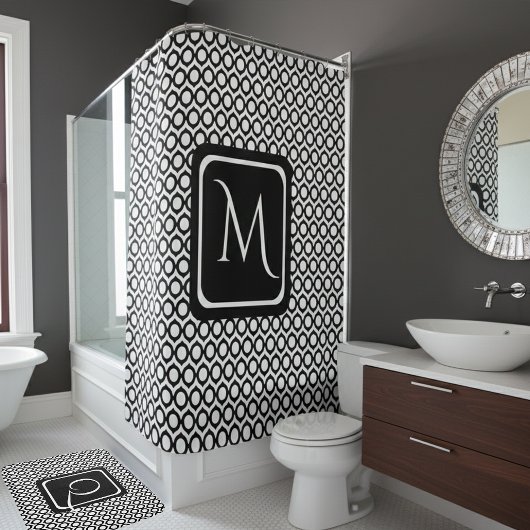 Moderne Zwarte Witte Gekoppelde Ringen Monogram Douchegordijn