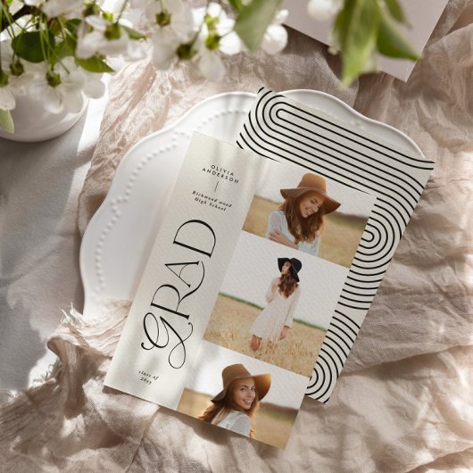 Moderne zwarte witte geometrische 3 foto-afstudere aankondiging