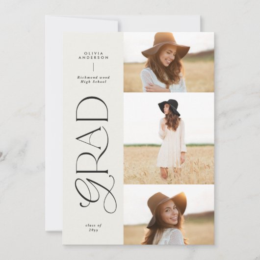 Moderne zwarte witte geometrische 3 foto-afstudere aankondiging (Voorkant)