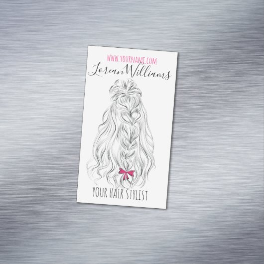 Moderne zwarte witte golvende haarroze strik kapse magnetisch visitekaartje (Voorbeeld)