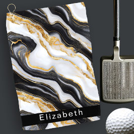 Moderne Zwarte Witte Gouden Marmer Gepersonaliseer Golfhanddoek