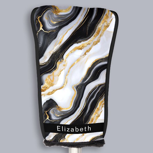 Moderne Zwarte Witte Gouden Marmer Gepersonaliseer Golfheadcover