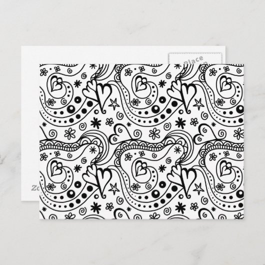 Moderne zwarte witte handgetekende abstracte harte briefkaart (Voorkant / Achterkant)