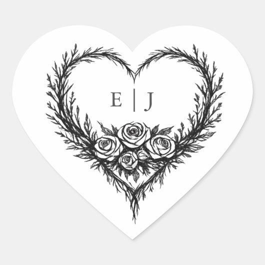 Moderne Zwarte Witte Handgetekende Bloem Bruiloft Hart Sticker (Voorkant)