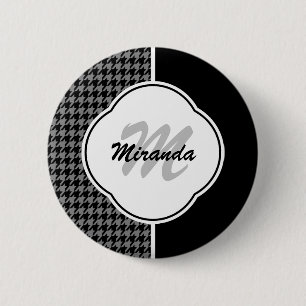 Moderne Zwarte Witte Houndstooth Monogram en Naam Ronde Button 5,7 Cm