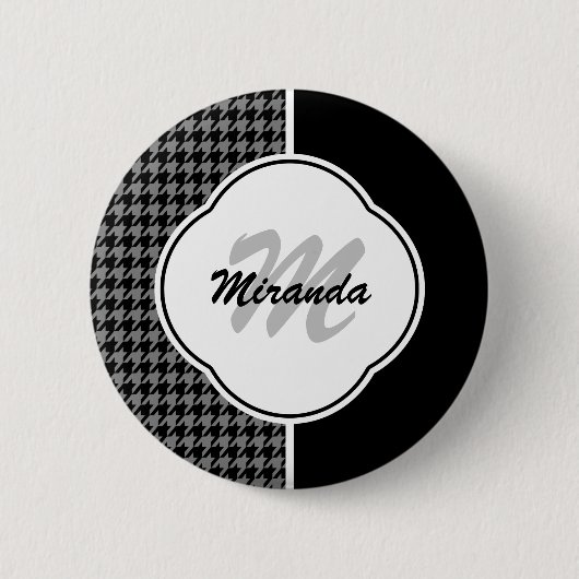 Moderne Zwarte Witte Houndstooth Monogram en Naam Ronde Button 5,7 Cm (Voorkant)
