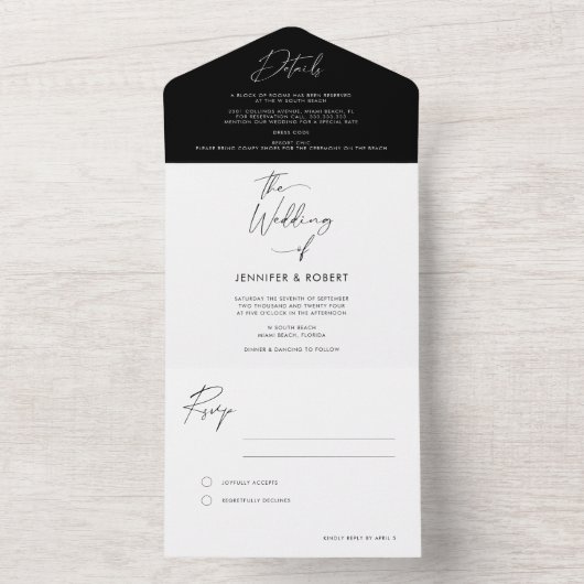 Moderne zwarte witte kalligrafie all in one uitnodiging (Binnen)