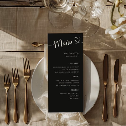 Moderne Zwarte & Witte Kalligrafie Bruiloft Menu