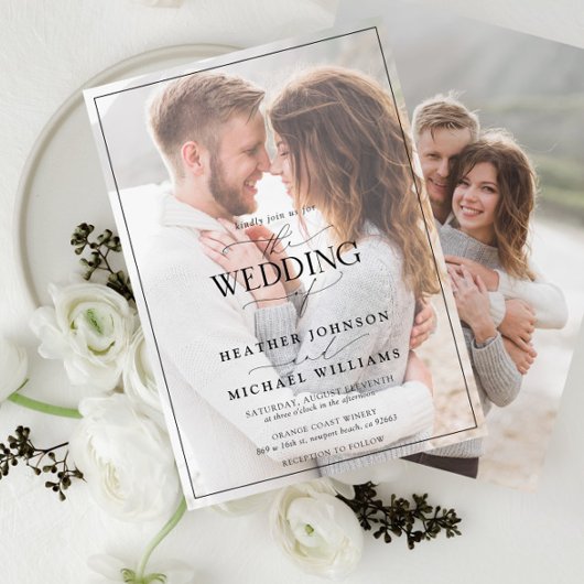 Moderne zwarte witte kalligrafie Faux Vellum 2 Fot Kaart