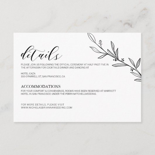 Moderne zwarte witte legant bruiloft — Minimale de Informatiekaartje (Voorkant)