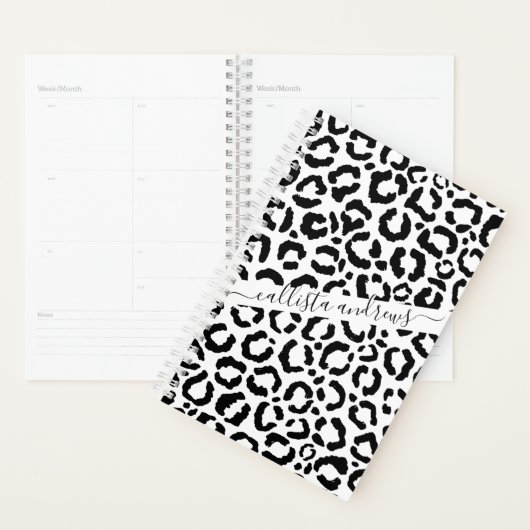 Moderne zwarte witte luipaard dierprintpatroon planner (Display)