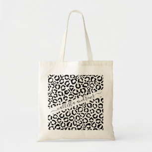 Moderne zwarte witte luipaard dierprintpatroon tote bag