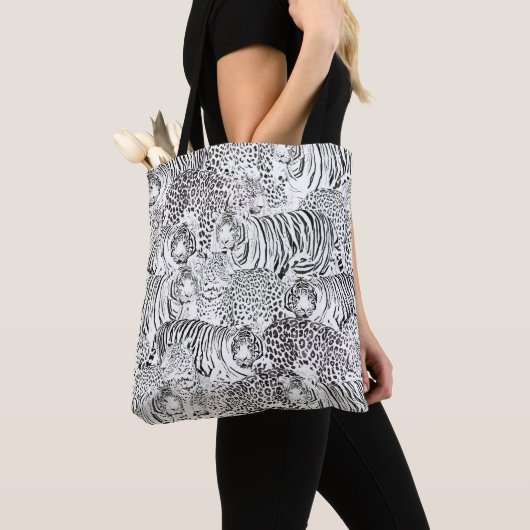 Moderne zwarte witte luipaard tijger dieren tote bag (Dichtbij)