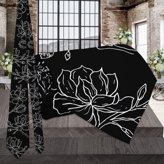 Moderne Zwarte & Witte Magnolia Bruiloft Stropdas