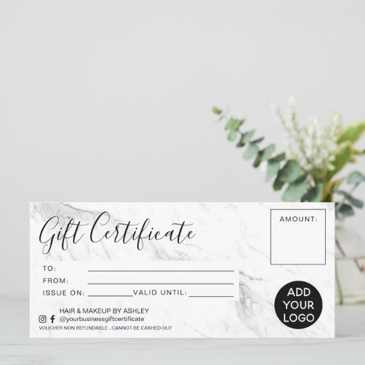 Moderne zwarte witte marmer cadeaubon logo (Staand voorkant)