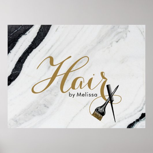 Moderne zwarte & witte marmer Gold Hair-stylist Poster (Voorkant)