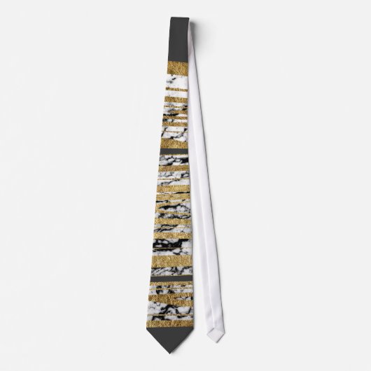 Moderne zwarte witte marmer met Faux Gold Stripes Stropdas (Voorkant)