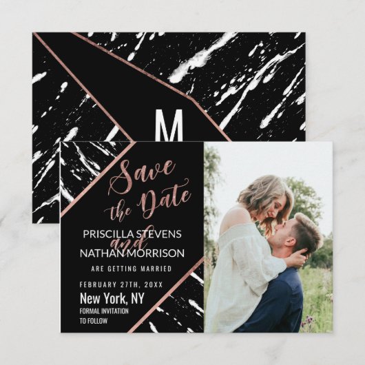 Moderne zwarte witte marmer Roos Gold Chic Save The Date (Voorkant / Achterkant)