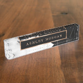 Moderne, zwarte, witte marmerstone textuur naambordje (Zijkant)