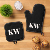 Moderne Zwarte Witte Monogram Beginletters Geperso Ovenwant & Pannenlap Set (Top down)
