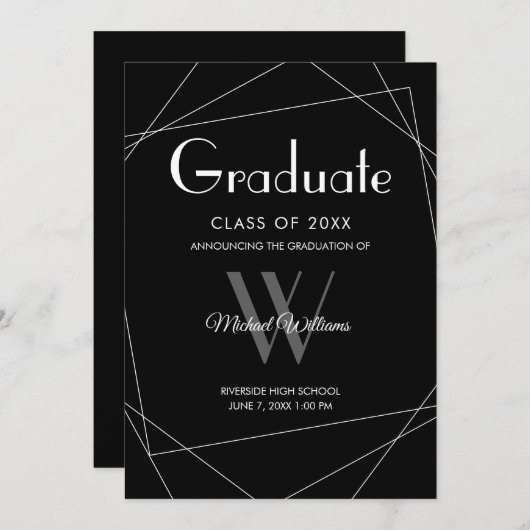 Moderne zwarte witte monogram Geometrische Afstude Aankondiging (Voorkant / Achterkant)