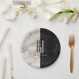 Moderne Zwarte Witte Monogram Huwelijk Papieren Bordje