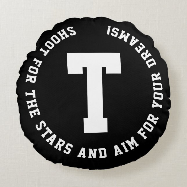 Moderne Zwarte Witte Monogram Naam Initiaal Vet Ty Rond Kussen (Voorkant)
