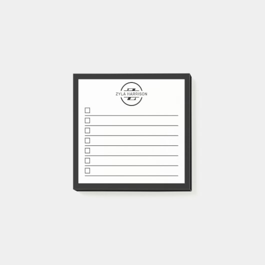 Moderne zwarte witte monogram naam takenlijst post-it® notes (Voorkant)