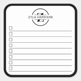 Moderne zwarte witte monogram naam takenlijst vierkante sticker