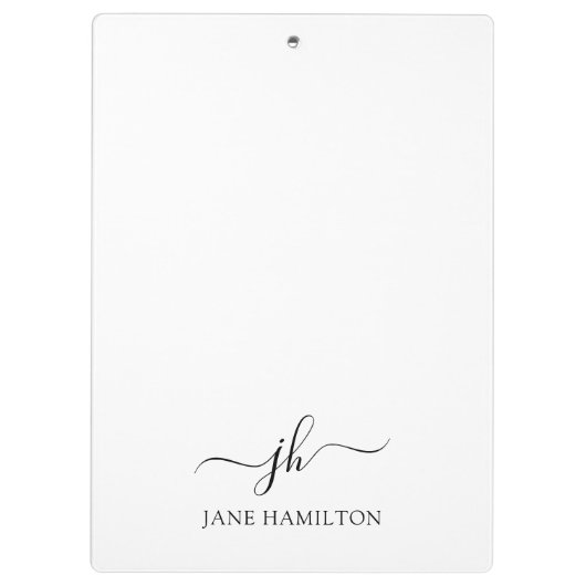 Moderne zwarte witte monogram scriptnaam klembord (Achterkant)