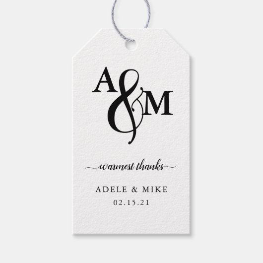 Moderne Zwarte & Witte Monogram Trouw Cadeaulabel (Voorkant)