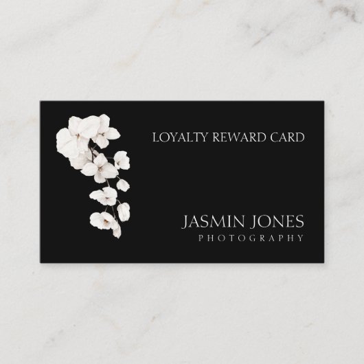 Moderne zwarte witte orchideeën bloemenbedrijf bel klantenkaartje (Voorkant)