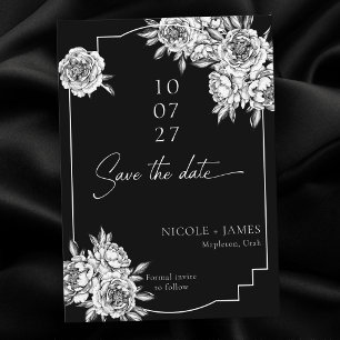 Moderne zwarte witte pioen foto save the date kaart