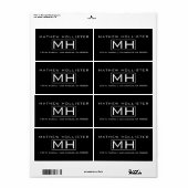 Moderne Zwarte & Witte Professionele Monogrammen Etiket (Full Sheet)