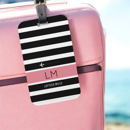Moderne zwarte witte & roze strepen met naam reize bagagelabel