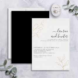 Moderne Zwarte Witte Script Botanische Trouw Goud Folie Uitnodiging