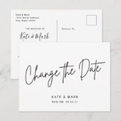 Moderne Zwarte Witte Script Huwelijk Datum Wijzige Briefkaart (Voorkant / Achterkant)