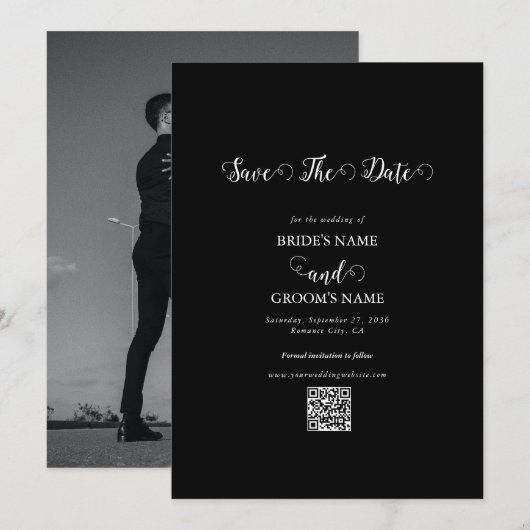 Moderne Zwarte & Witte Script Koppel Foto Huwelijk Save The Date (Voorkant / Achterkant)