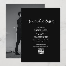 Moderne Zwarte & Witte Script Koppel Foto Huwelijk Save The Date
