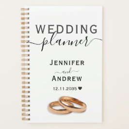 Moderne Zwarte & Witte Script met Ringen Trouwen Planner
