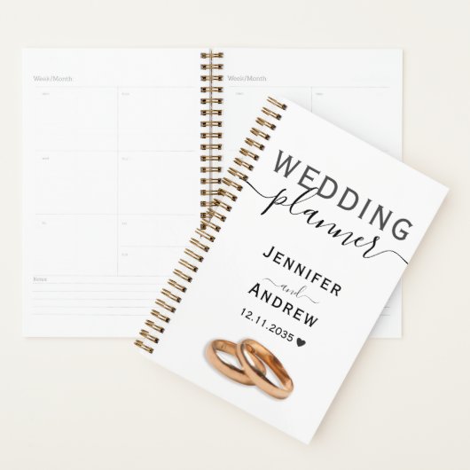 Moderne Zwarte & Witte Script met Ringen Trouwen Planner (Display)