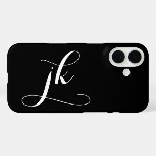 Moderne Zwarte Witte Script Monogram Naam iPhone 16 Hoesje