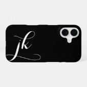 Moderne Zwarte Witte Script Monogram Naam iPhone 16 Hoesje (Achterkant horizontaal)